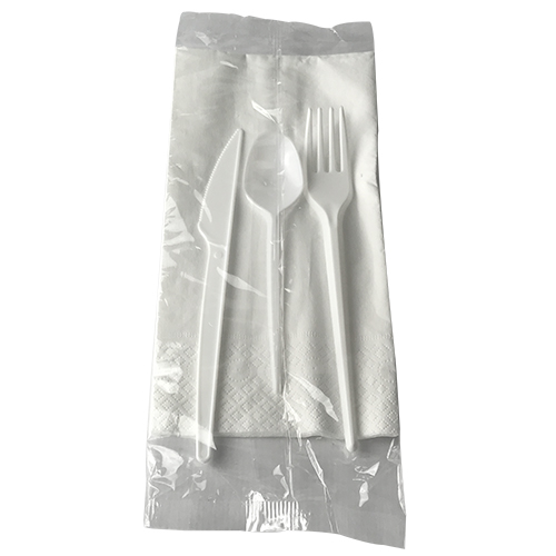 PACK BASIC CUCHILLO + CUCHARA POSTRE + TENEDOR + SERVILLETA - línea basic - Papel Plast Pack S.L