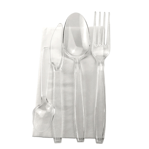 PACK ECOLUX CUCHARA POSTRE + CUCHILLO + CUCHARA + TENEDOR + SERVILLETA - línea basic - Papel Plast Pack S.L
