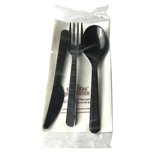 PACK CUCHARA + TENEDOR + CUCHILLO COLOR NEGRO + SERVILLETA 30X30 2H 1/8 - línea basic - Papel Plast Pack S.L