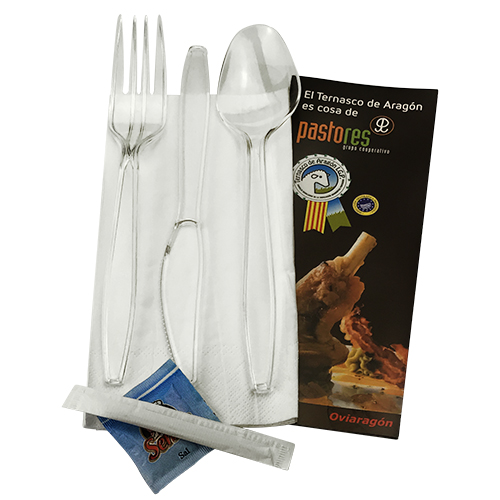 PACK CUCHARA + TENEDOR + CUCHILLO + PALILLO + SAL - línea basic - Papel Plast Pack S.L